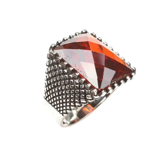 925 Ayar Gümüş Dikdörtgen Garnet Taşlı Erkek Yüzüğü ürün görseli 1