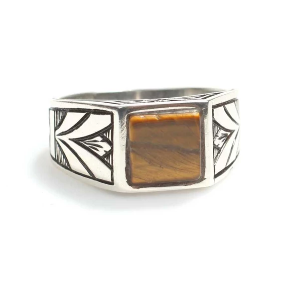 925 Ayar Gümüş Kare Kaplangözü Taşlı Erkek Yüzük - Resim 3