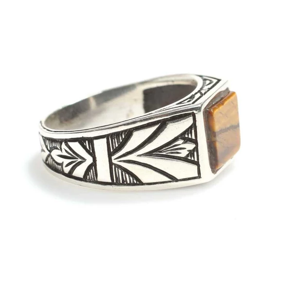 925 Ayar Gümüş Kare Kaplangözü Taşlı Erkek Yüzük - Resim 2