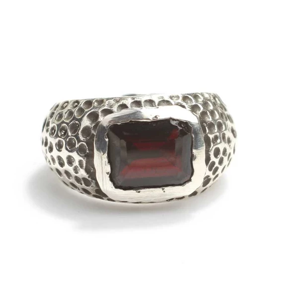 925 Ayar Gümüş Garnet Taşlı Dikdörtgen Erkek Yüzük - Resim 3