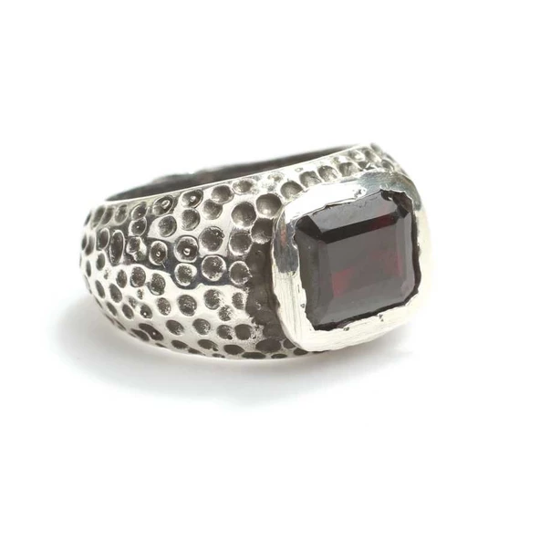 925 Ayar Gümüş Garnet Taşlı Dikdörtgen Erkek Yüzük ürün görseli 1