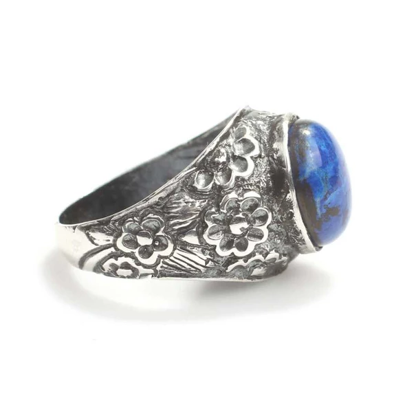 925 Ayar Gümüş Oval Lapis Taşlı Kolları İşlemeli Erkek Yüzük - Resim 2
