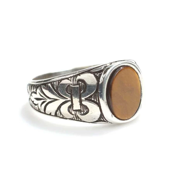 925 Ayar Gümüş Oval Kaplan Gözü Taşlı Kolları İşlemeli Erkek Yüzük ürün görseli 1