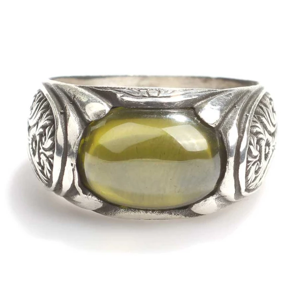 925 Ayar Gümüş Oval Taşlı Peridot Erkek Yüzük - Resim 3