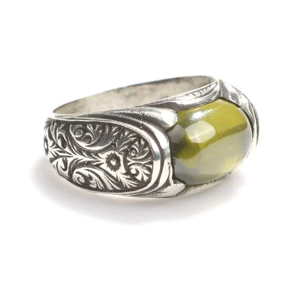 925 Ayar Gümüş Oval Taşlı Peridot Erkek Yüzük ürün görseli