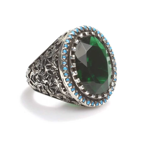 925 Ayar Gümüş Zümrüt Taşlı Oval Erkek Yüzük ürün görseli