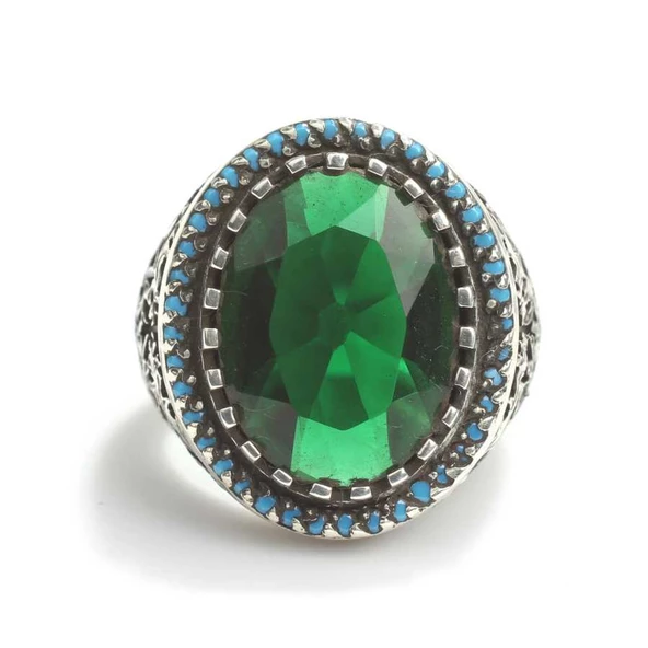 925 Ayar Gümüş Zümrüt Taşlı Oval Erkek Yüzük - Resim 3