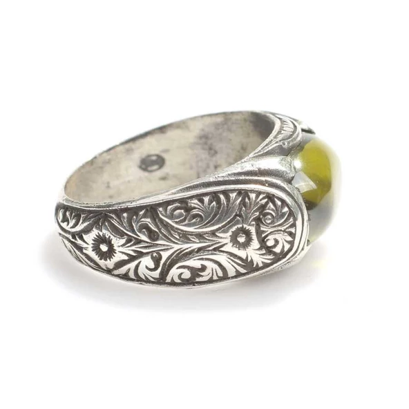 925 Ayar Gümüş Oval Taşlı Peridot Erkek Yüzük - Resim 2