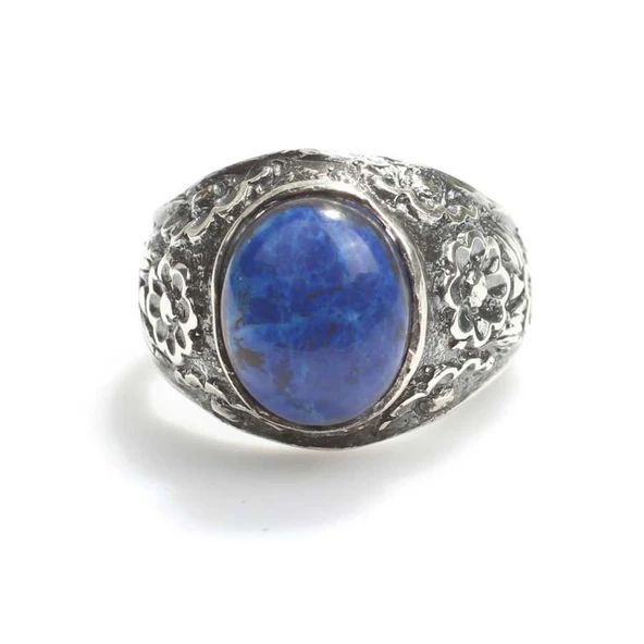 925 Ayar Gümüş Oval Lapis Taşlı Kolları İşlemeli Erkek Yüzük - Resim 3