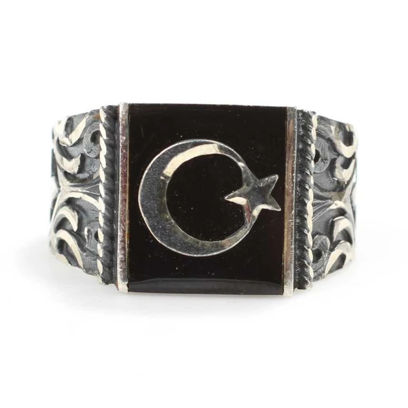 925 Ayar Gümüş Kare Oniks & Ay Yıldızlı El Kalemi İşlemeli Erkek Yüzüğü - Resim 4