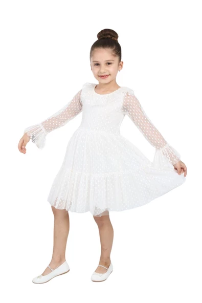 ÇocukYoluKids Puantiyeli Tüllü Beyaz Kız Çocuk Elbise A1111141111020 - 4