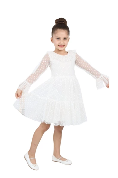 ÇocukYoluKids Puantiyeli Tüllü Beyaz Kız Çocuk Elbise A1111141111020 - 3