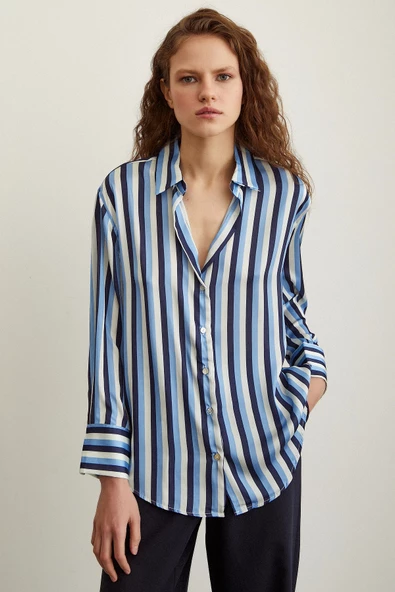 Çizgili Saten Gömlek Lacivert - Resim 2