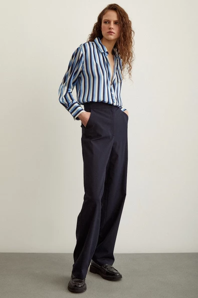 Çizgili Saten Gömlek Lacivert - Resim 6