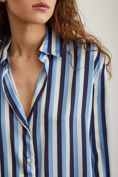 Çizgili Saten Gömlek Lacivert - Resim 3