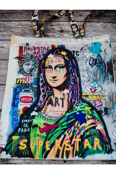 Popart Mona Lisa Desenli Baskılı Kumaş Çanta Omuz Askılı Bez Çanta - 3