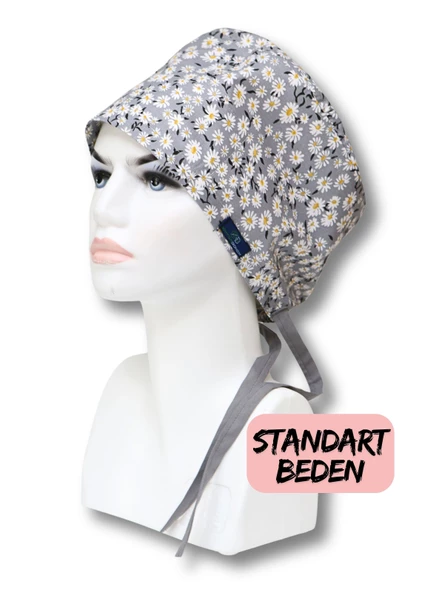 Standart Gri Papatyalar Desenli Cerrahi Bone Doktor Hemşire Sağlıkçı Bonesi