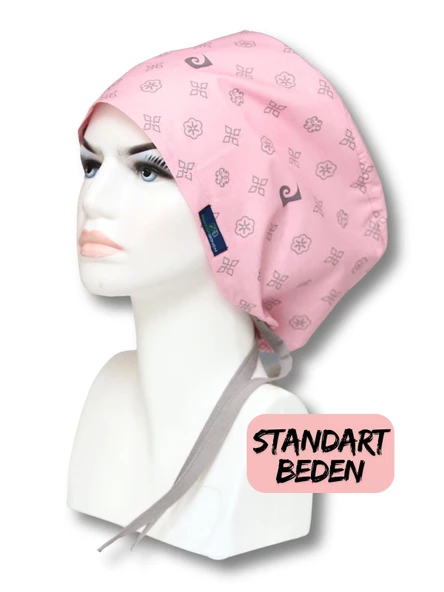 Standart Beden Pudra Pembesi Desenli Cerrahi Bone Doktor Hemşire Sağlıkçı Bonesi