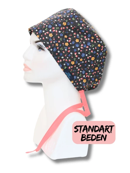 Standart Siyah Çıtır Çiçek Desenli Cerrahi Bone Doktor Hemşire Sağlıkçı Bonesi