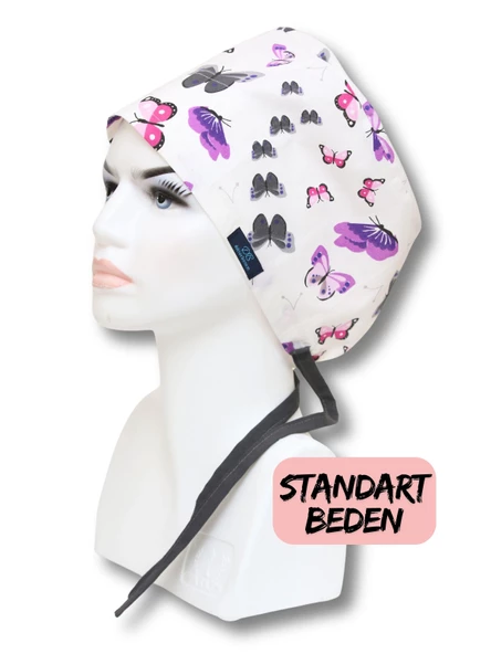 Standart Beden Mor Kelebekler Desenli Cerrahi Bone Doktor Hemşire Sağlıkçı Hastane Aşçı Bonesi