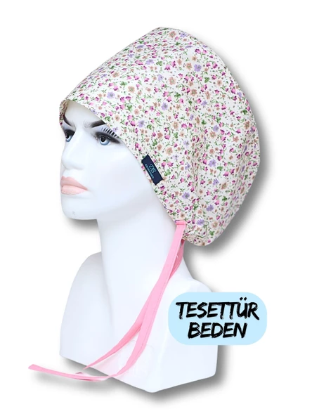 Tesettür Krem Çıtır Çiçek Desenli Cerrahi Bone Doktor Hemşire Sağlıkçı Bonesi Geniş Kesim