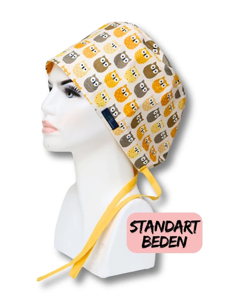 Standart Beden Baykuş Desenli Sarı Cerrahi Bone Doktor Hemşire Sağlıkçı Hastane Bonesi