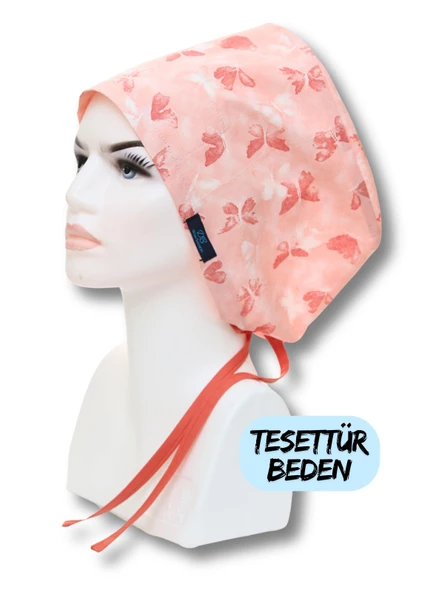 Tesettür Yavruağzı Kelebekler Desenli Cerrahi Bone Doktor Hemşire Sağlıkçı Bonesi Geniş Kesim