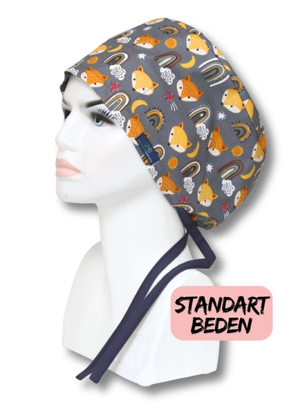 Standart Beden Tilki Desenli Antrasit Cerrahi Bone Doktor Hemşire Sağlıkçı Hastane Bonesi
