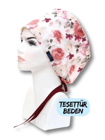 Tesettür Sulu Boya Beyaz Zemin Bordo Güller Desenli Cerrahi Bone Doktor Hemşire Sağlıkçı Bonesi