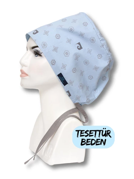Tesettür Mavi Desenli Cerrahi Bone Doktor Hemşire Sağlıkçı Bonesi Geniş Kesim