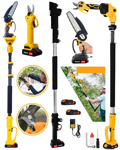 Wacker Pro Alman 3lü Set Yellow 2400 Wf 25 Ah 2 Akülü Dal Budama +Bağ Makası + 2.7 Metre Teleskopik Uzatma Hediyeli