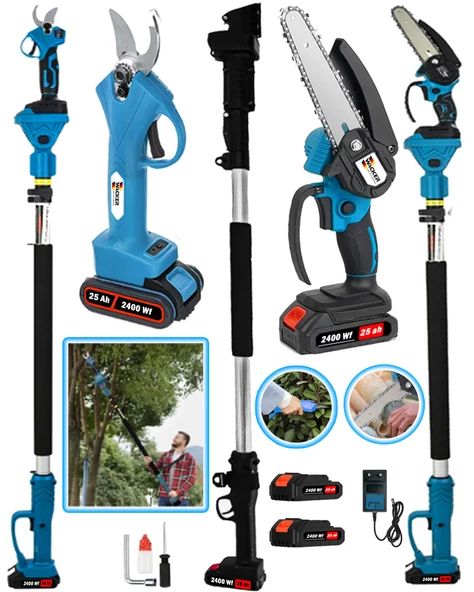 Wacker Pro Alman 3lü Set Blue 2400 Wf 25 Ah 2 Akülü Dal Budama +Bağ Makası + 2.7 Metre Teleskopik Uzatma Hediyeli