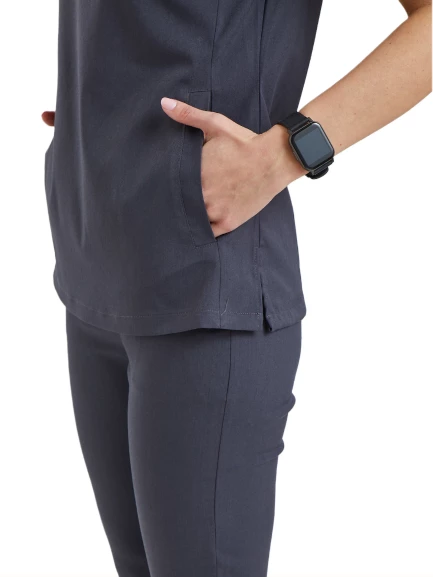 CLOWER- Kadın Likralı Koyu Gri Üniforma Üst - Resim 3