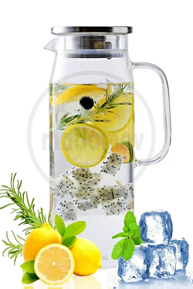 Borosilikat Cam Sürahi Kulplu Çelik Kapaklı Soğuk Sıcak Kokteyl Meşrubat Karaf Cam Sürahisi 1500 ml - 4