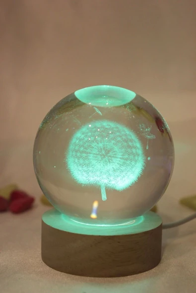 3D Led Işık Cam Küre Çok Işıklı Ahşap Hindiba Çiçeği 6 cm - 6