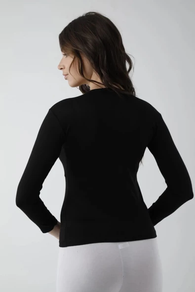 Vivaldi Kadın Siyah Uzun Kol Bisiklet Yaka Body Likralı 352 - Resim 3