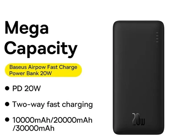 Baseus Ultra İnce 20W 10000mAh Süper Hızlı Taşınabilir Powerbank, Type C Kablolu Çip Korumalı Hafif Powerbank - 2