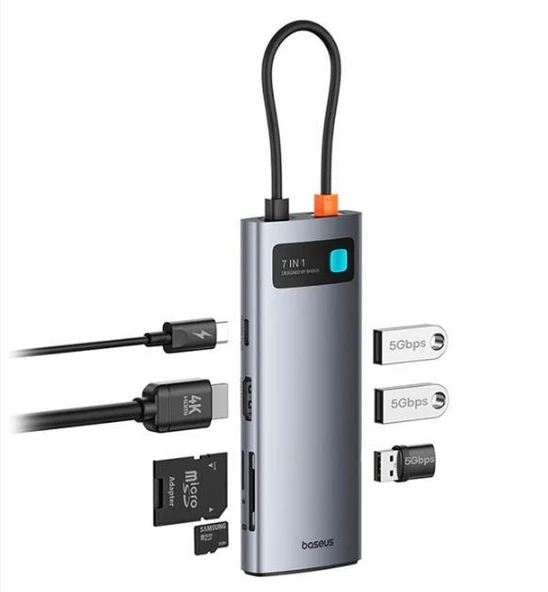 Baseus 100W 7in1 Çevirici Çoğaltıcı Adaptör, 3x USB, 1x Type C, 1x 60Hz HDMI, 1x TF-SD Girişli HUB