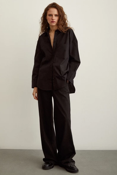 Pamuklu Poplin Gömlek Siyah - Resim 4