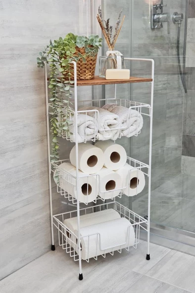 Digithome Ahşap Metal Çok Amaçlı 3 Katlı Banyo Düzenleyici Organizer Ceviz Raflı - Beyaz – MRS-001 - HYT C1-1-267 - Resim 4