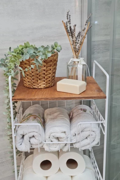 Digithome Ahşap Metal Çok Amaçlı 3 Katlı Banyo Düzenleyici Organizer Ceviz Raflı - Beyaz – MRS-001 - HYT C1-1-267 - Resim 3