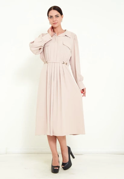 Modatalika Kadın Pile Detaylı Kemerli Gömlek Yaka Şık Uzun Kolu Midi Elbise ürün görseli