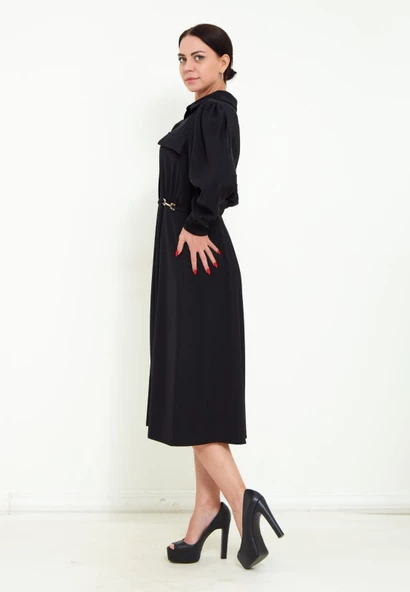 Modatalika Kadın Pile Detaylı Kemerli Gömlek Yaka Şık Uzun Kolu Midi Elbise - Resim 6