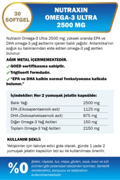 Nutraxin Omega 3 Ultra 2500 Mg 30 Yumuşak Kapsül - EPA DHA GOED - Resim 2