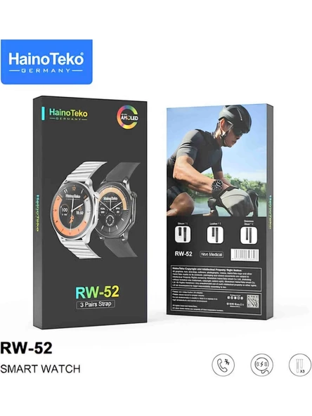 Haino Teko RW-52 Spor Akıllı Saat 3 Kordon Deri Metal Silikon SİYAH KASA - 3