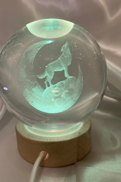 3D Led Işık Cam Küre Çok Işıklı Ahşap Kurt 3 Hilal Büyük Boy 10 cm - 2
