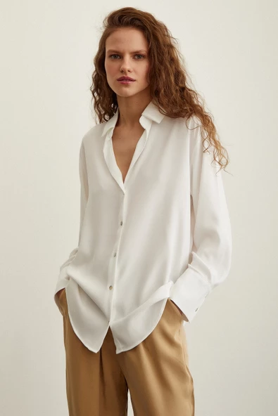 Likralı Saten Gömlek Ekru - Resim 3