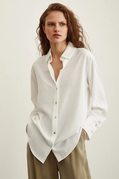 Likralı Saten Gömlek Ekru - Resim 4