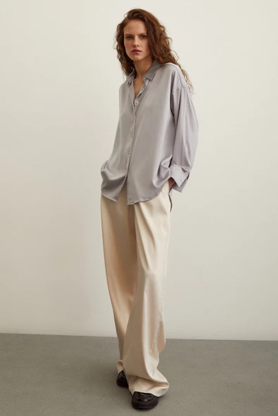 Viskon Saten Gömlek Gri - Resim 4