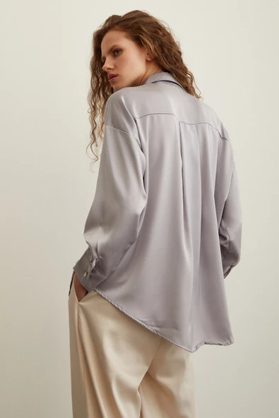 Viskon Saten Gömlek Gri - Resim 6